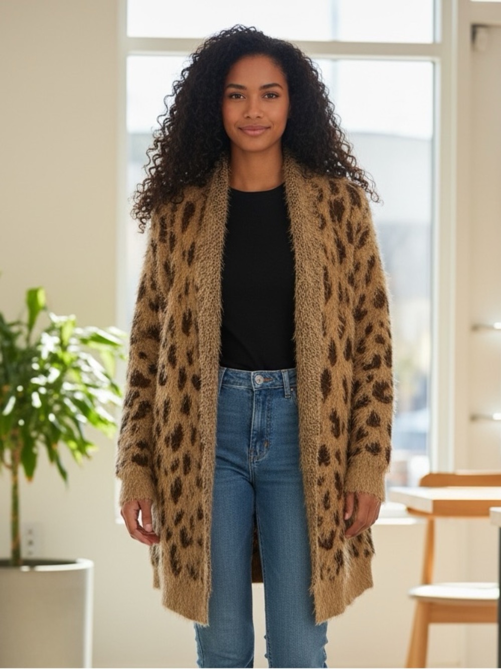 Olivers Leopard Fuzzy Knit Cardigan in Tan and brown L